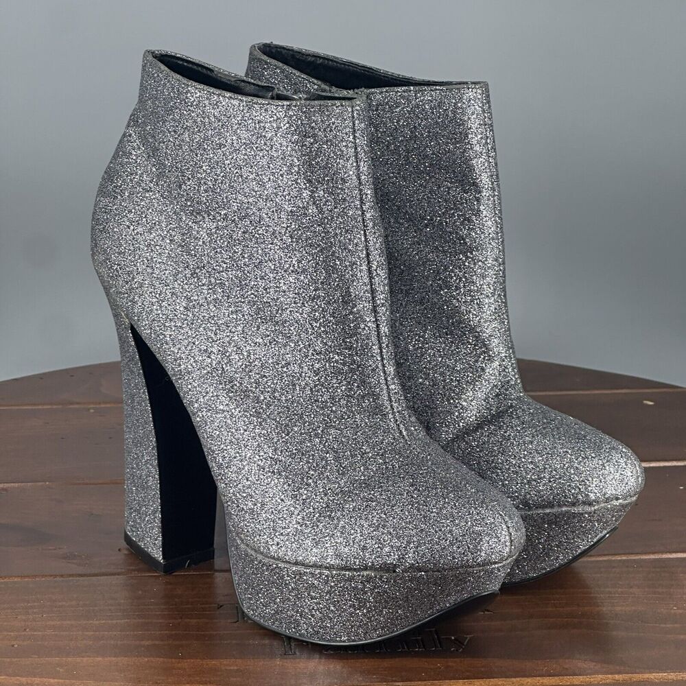 Dolce Vita Boots Women 8.5 Silver Glitter Platform Chunky Heel Booties Ankle
